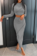 Grey Sexy Solid Patchwork O Neck Nine Points Sleeve Two Pieces