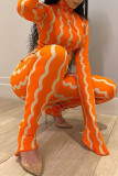 Orange Fashion Casual Striped Print Basic Turtleneck Long Sleeve Two Pieces