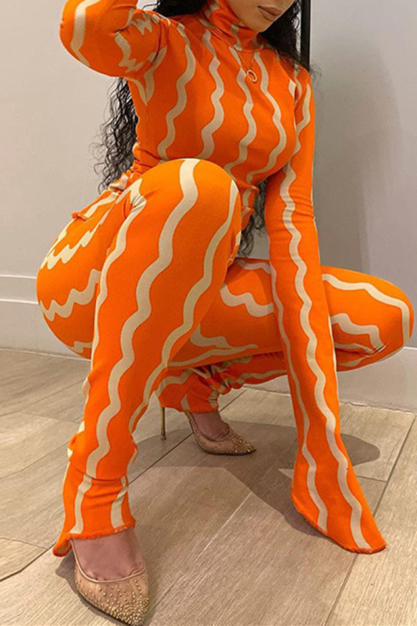 Orange Fashion Casual Striped Print Basic Turtleneck Long Sleeve Two Pieces