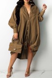 Brown Fashion Casual Patchwork Basic Turndown Collar Long Sleeve Dresses