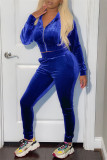 Blue Fashion Casual Solid Basic Zipper Collar Long Sleeve Two Pieces