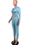 Blue Sexy Solid Hollowed Out Patchwork Fold O Neck Long Sleeve Two Pieces