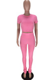 Pink Fashion Casual Solid Basic O Neck Short Sleeve Two Pieces