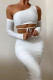 White Fashion Sexy Solid Bandage Backless Oblique Collar Long Sleeve Two Pieces