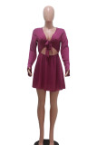 Dark Purple Fashion Casual Solid Hollowed Out V Neck Long Sleeve Dresses
