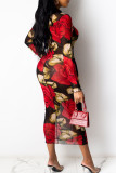 Red Sexy Print Split Joint O Neck One Step Skirt Dresses