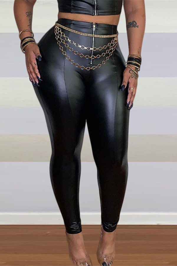 Black Fashion Casual Solid Patchwork Skinny High Waist Pencil Trousers (Without Waist Chain)