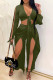 Olive Green Solid Bandage Split Joint Asymmetrical V Neck Long Sleeve Two Pieces