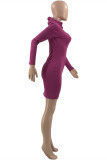 Apricot Fashion Casual Solid Hollowed Out Turtleneck Long Sleeve Dresses