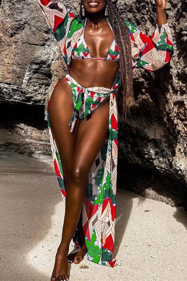 Green Fashion Sexy Print Basic Swimwears Set