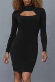 Apricot Fashion Casual Solid Hollowed Out Turtleneck Long Sleeve Dresses