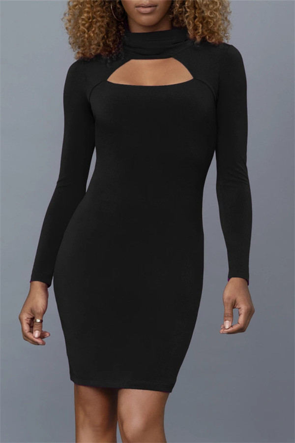 Black Fashion Casual Solid Hollowed Out Turtleneck Long Sleeve Dresses