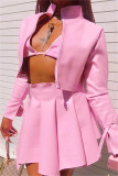 Pink Fashion Sexy Solid Patchwork Cardigan Zipper Collar Long Sleeve Two Pieces