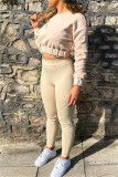 Apricot Fashion Casual Solid Patchwork O Neck Long Sleeve Two Pieces