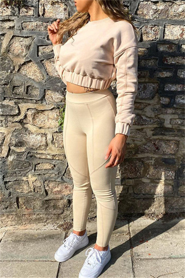 Apricot Fashion Casual Solid Patchwork O Neck Long Sleeve Two Pieces
