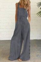 Grey Casual Solid Buckle Square Collar Regular Jumpsuits