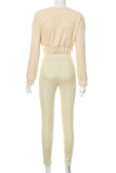 Apricot Fashion Casual Solid Patchwork O Neck Long Sleeve Two Pieces