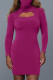Purple Fashion Casual Solid Hollowed Out Turtleneck Long Sleeve Dresses