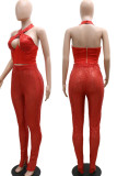 Red Sexy Solid Hollowed Out Patchwork Backless Halter Sleeveless Two Pieces