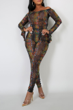 Snake Print Sexy Animal Print Split Joint Off the Shoulder Long Sleeve Two Pieces