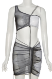 Blue Sexy Print Patchwork One Shoulder Sleeveless Two Pieces