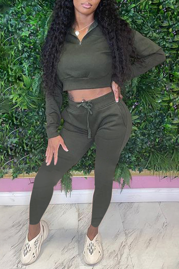 Army Green Casual Solid Patchwork Turndown Collar Long Sleeve Two Pieces