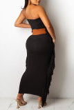Black Casual Solid Tassel Split Joint Strapless One Step Skirt Dresses(Without Belt)