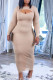 Apricot Fashion Sexy Solid Hollowed Out Patchwork O Neck Long Sleeve Dresses