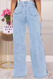 Baby Blue Street Solid Split Joint Buttons High Waist Straight Denim Jeans