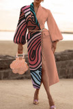Red Fashion Casual Print Patchwork Turndown Collar Outerwear(Without Belt)