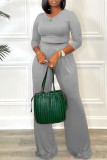 Grey Fashion Casual Solid Basic O Neck Long Sleeve Two Pieces