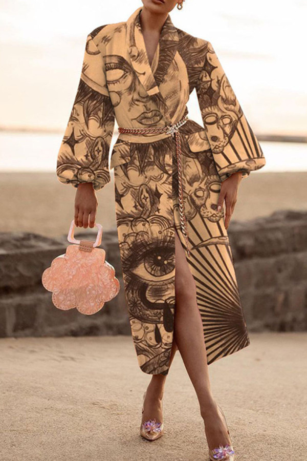 Yellow Fashion Casual Print Patchwork Turndown Collar Outerwear(Without Belt)