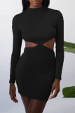 Dark Brown Sexy Solid Hollowed Out Half A Turtleneck Pencil Skirt Dresses