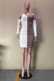 Coffee Fashion Sexy Patchwork Backless Fold V Neck Long Sleeve Dresses