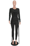 Black Fashion Casual Solid Fold O Neck Skinny Jumpsuits