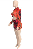 Multicolor Fashion Sexy Print Bandage Hollowed Out Half A Turtleneck Long Sleeve Dresses