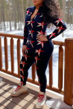 Dark Blue Fashion Casual Print Basic Zipper Collar Regular Jumpsuits