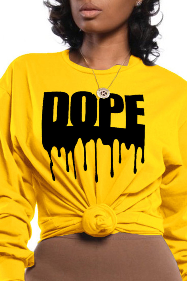 Yellow Casual Daily Print Patchwork Letter O Neck Tops