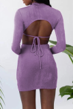 Purple Sexy Solid Hollowed Out Half A Turtleneck Pencil Skirt Dresses