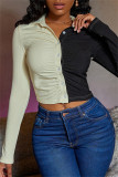 Yellow Black Fashion Casual Patchwork Basic Turndown Collar Tops