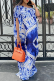 Blue Casual Print Patchwork One Shoulder Straight Dresses