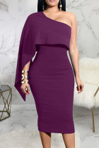 Purple Sexy Solid Split Joint Asymmetrical Oblique Collar A Line Dresses