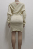 White Casual Solid Bandage Split Joint V Neck One Step Skirt Dresses
