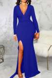 Red Elegant Solid Patchwork High Opening V Neck Evening Dress Dresses