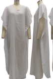 White Casual Solid Mesh V Neck Straight Dresses