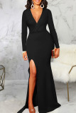 Red Elegant Solid Patchwork High Opening V Neck Evening Dress Dresses