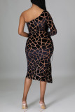 Black Fashion Sexy Print Backless Slit Oblique Collar Long Sleeve Dresses