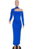 Blue Fashion Sexy Solid Hollowed Out Half A Turtleneck Long Sleeve Dresses