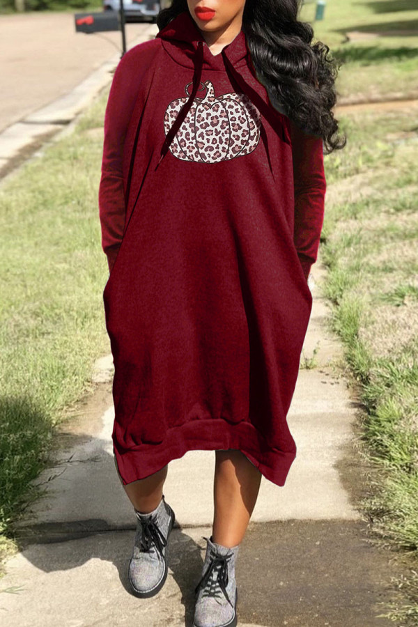Burgundy Casual Print Patchwork Hooded Collar Straight Dresses