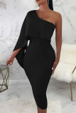 Black Sexy Solid Split Joint Asymmetrical Oblique Collar A Line Dresses